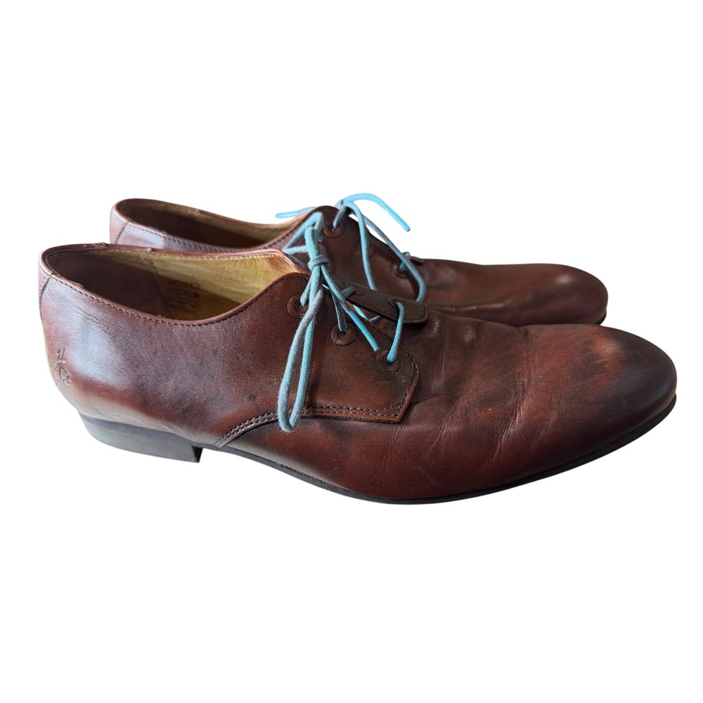 John Fluevog Mens Brown Leather Derby Shoes Blue Laces Made in Portugal